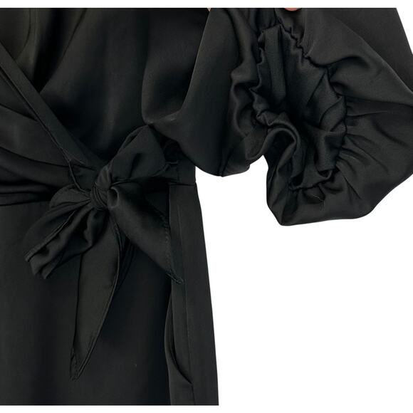 She + Sky Satin Wide Leg Jumpsuit Black Faux-Wrap Balloon Sleeve Size L - Picture 7 of 12